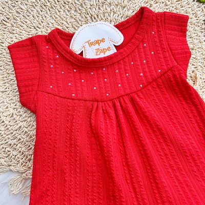 Vestido Canelado Manga Curta com Strass - Vermelho